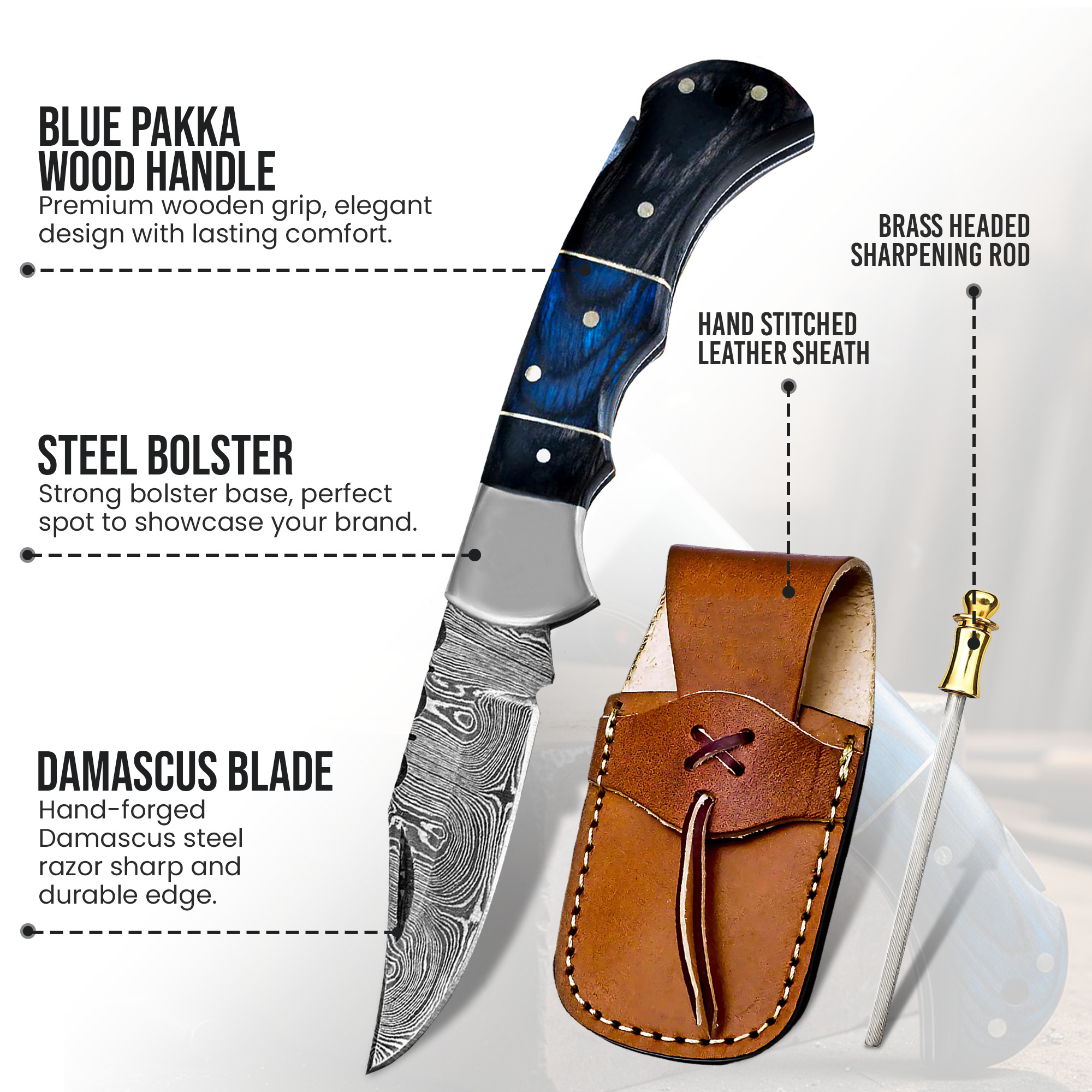 6.5' Handmade Damascus Pocket knife with Sheath - Image 2
