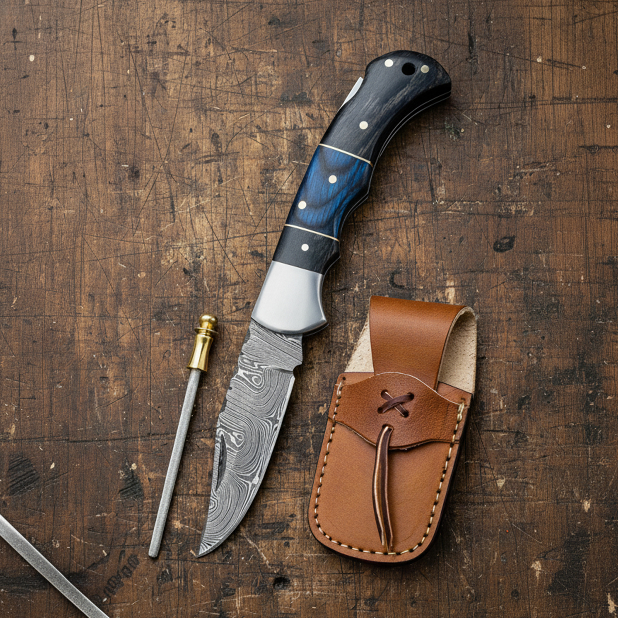 6.5' Handmade Damascus Pocket knife with Sheath