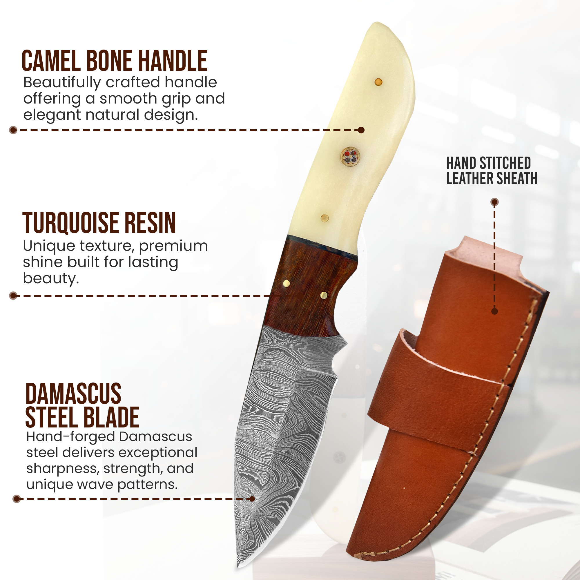8' Handmade Damascus Steel Hunting Knife with Leather Sheath | DM-0003 - Image 2
