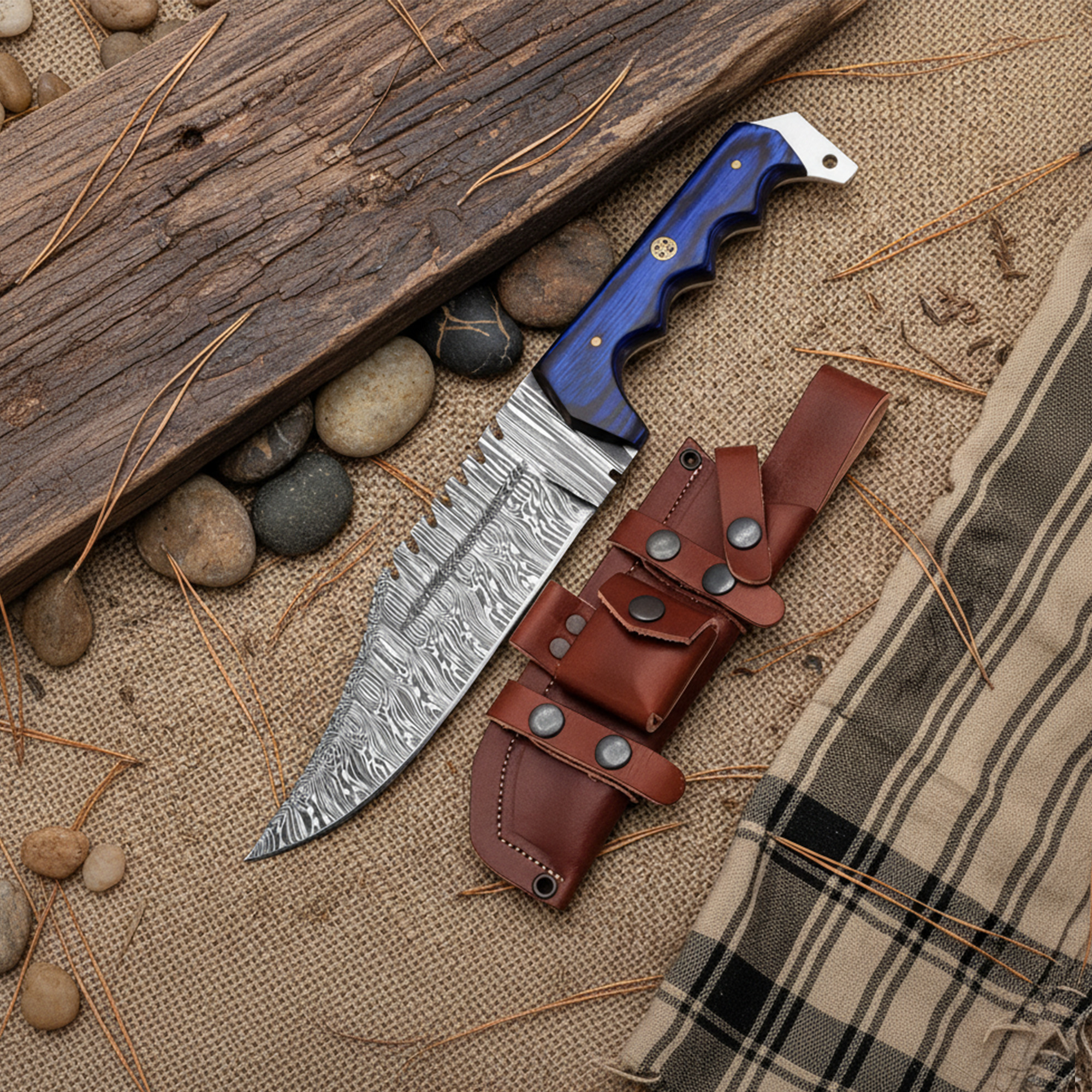 12 inch fixed blade Blue wood handle Bowie knife with leather sheath