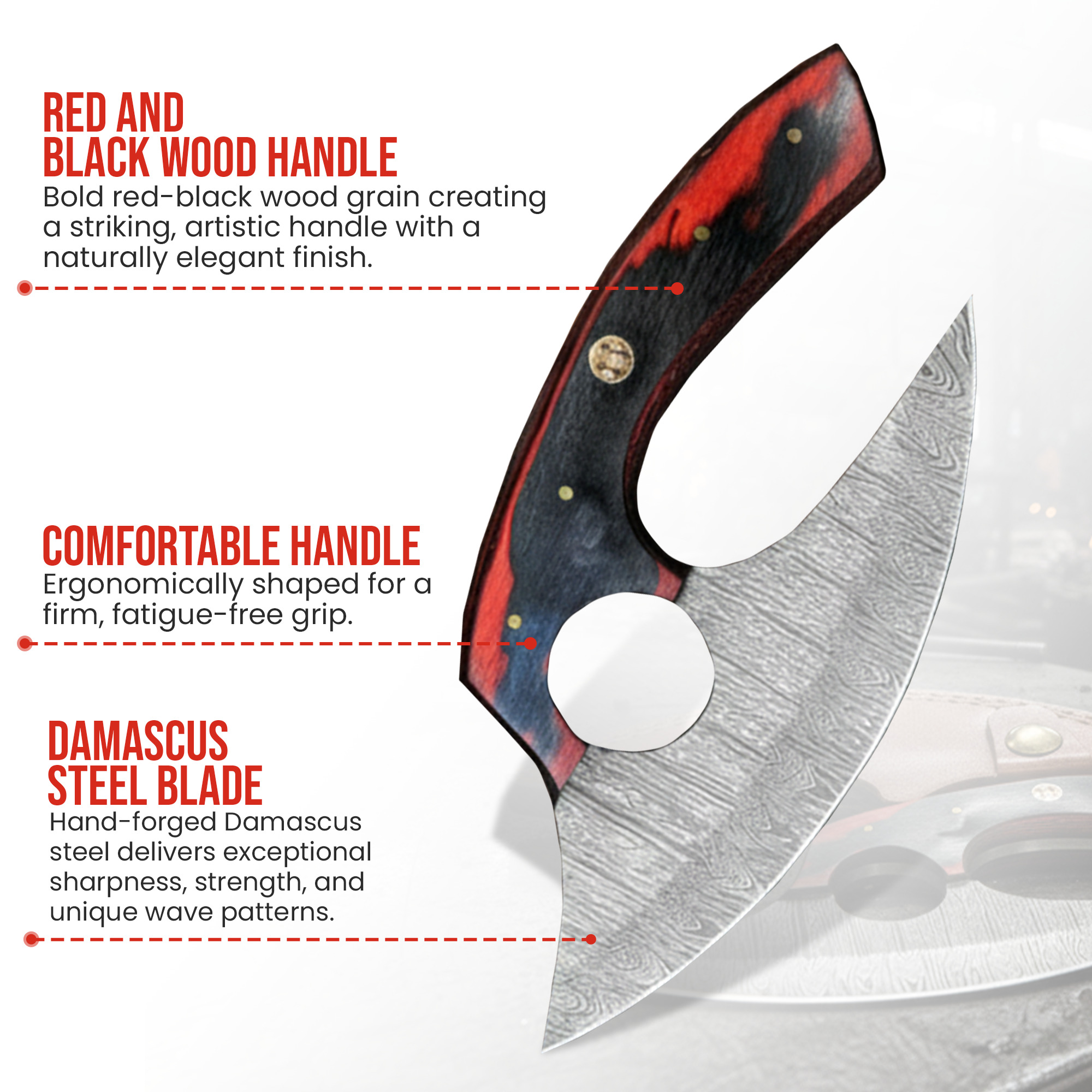6' Handmade Damascus Steel Ulu Knife Pizza Cutter with Leather Sheath | UR-001 - Image 2