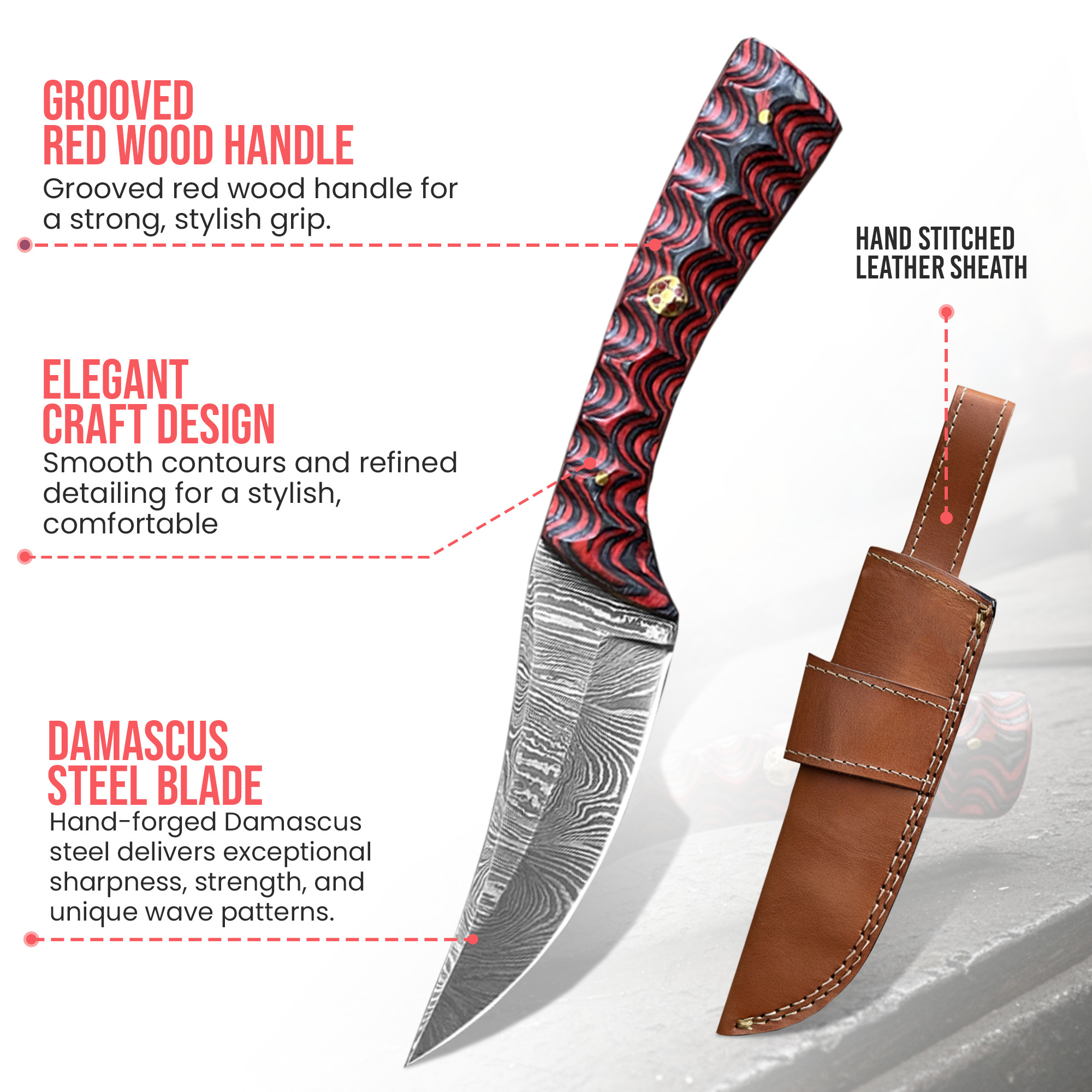 8' Handmade Damascus Steel Hunting Knife with Leather Sheath | DM-001-RD - Image 2