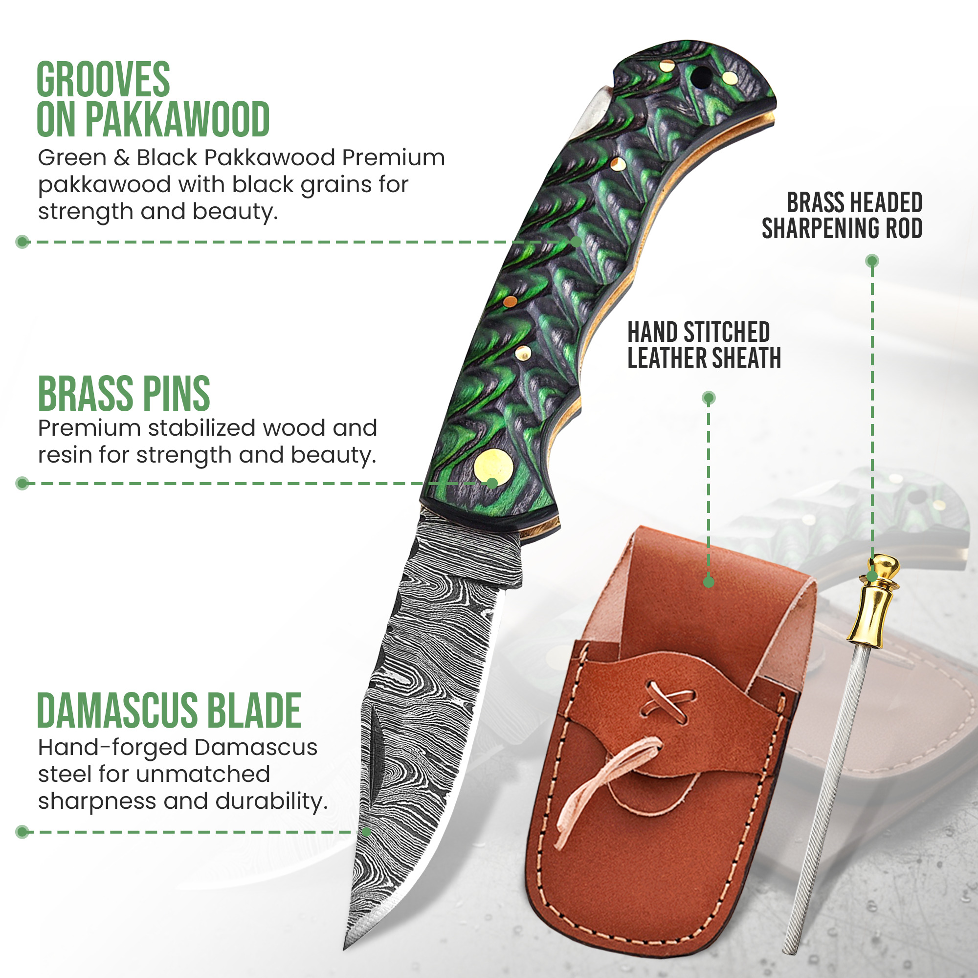 6.5' Handmade Damascus Steel Pocket Knife with Leather Sheath | GFG-001 - Image 2