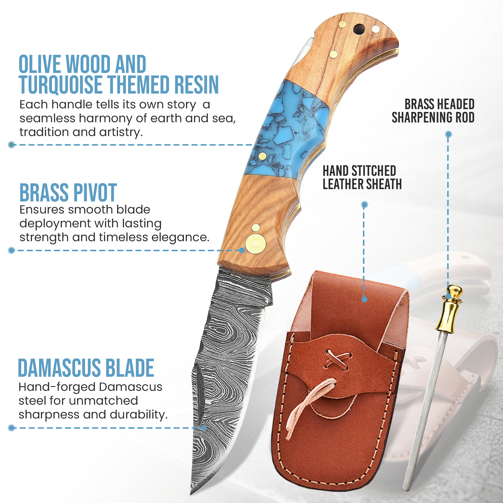 6.5' Handmade Damascus Steel Pocket Knife with Leather Sheath | FOR-001 - Image 2