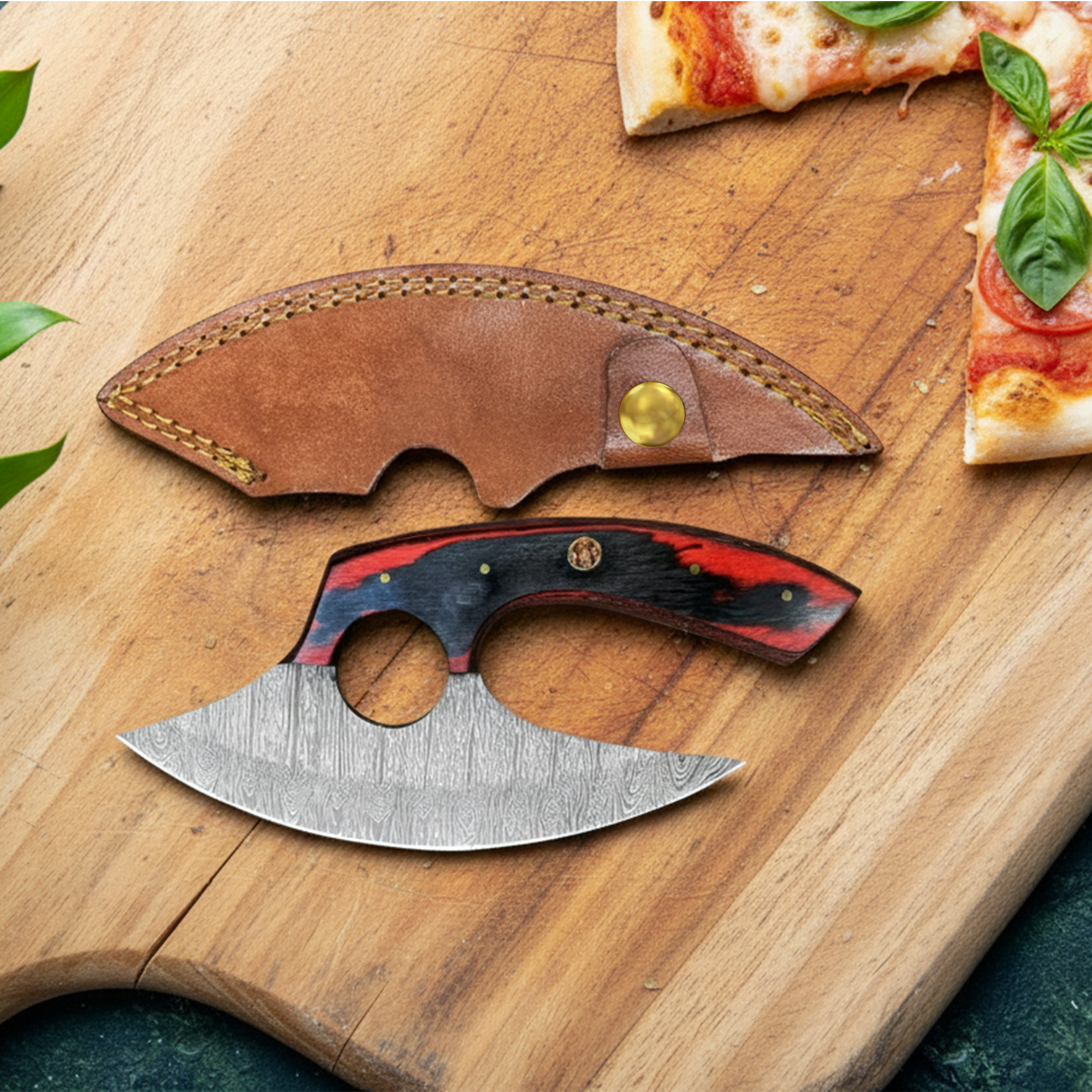 6' Handmade Damascus Steel Ulu Knife Pizza Cutter with Leather Sheath | UR-001