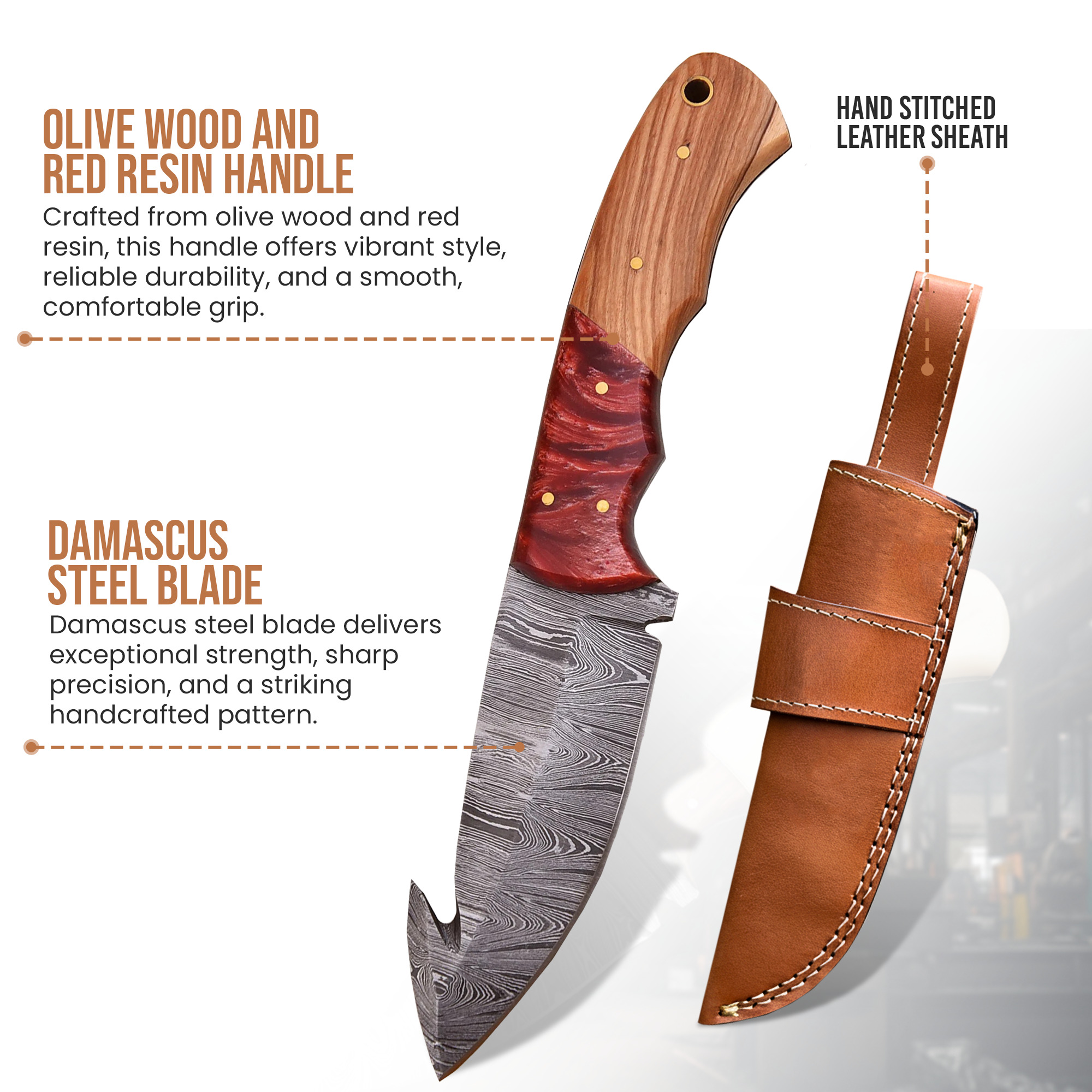 9' Handmade Damascus Steel Bone Handle Knife with Leather Sheath | GUT-002-RD - Image 2