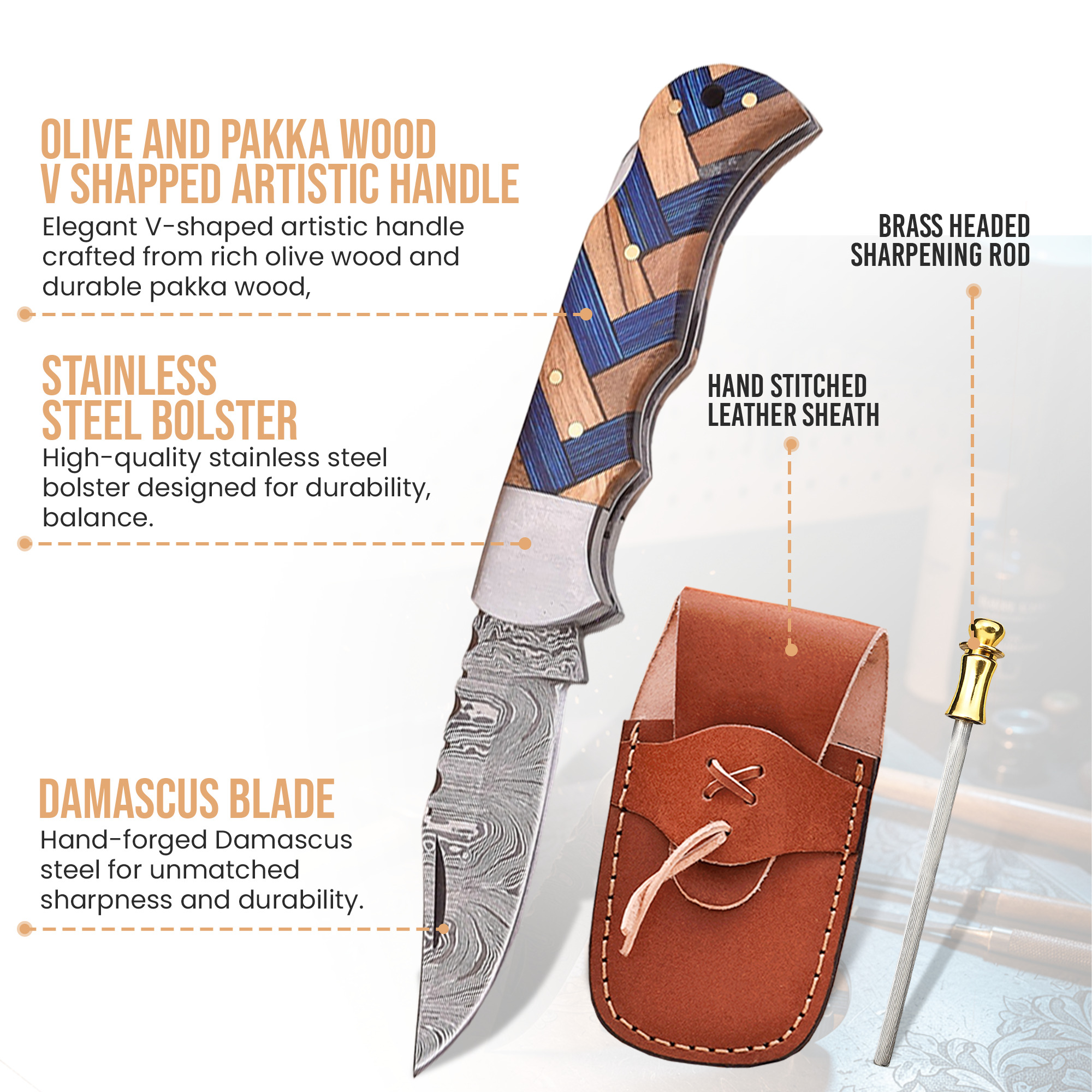 6.5' Handmade Damascus Steel Artistic Handle Pocket Knife with Leather Sheath | VP-001-BL - Image 2