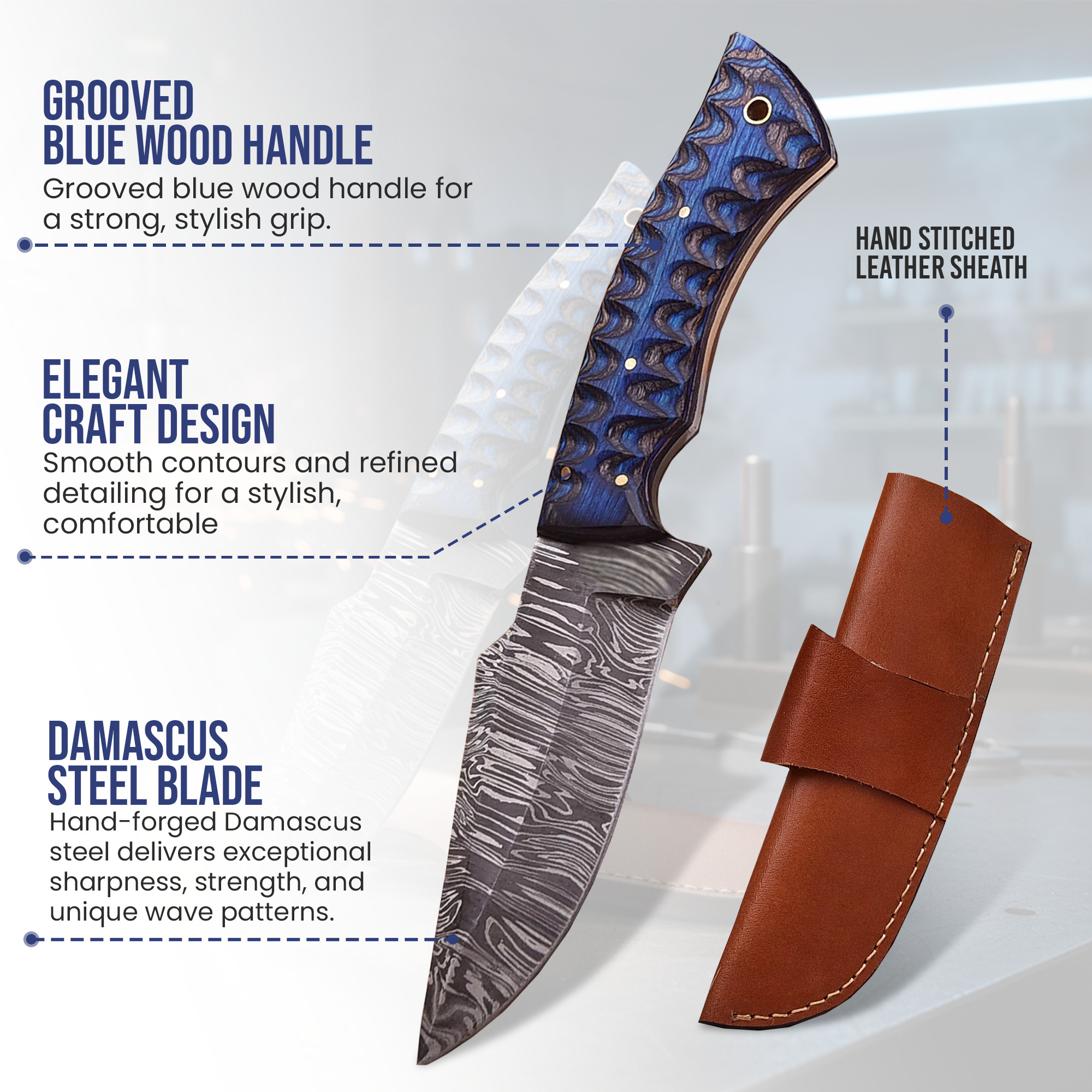 9.5' Handmade Damascus Steel Grooved Handle Knife with Leather Sheath | MLK-10-BL - Image 2