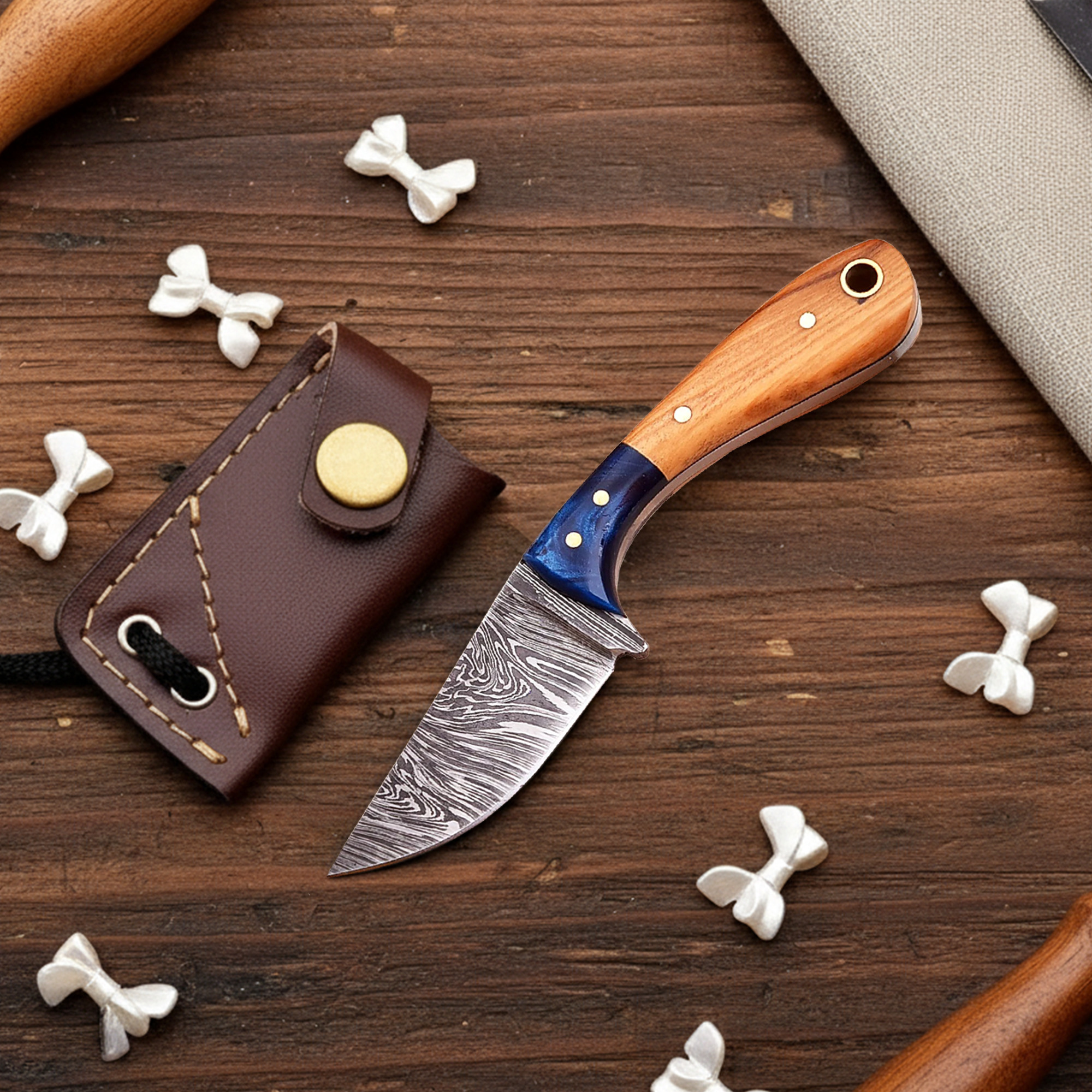 5' Handmade Damascus Steel Neck Knife with Leather Sheath and String | NK-001