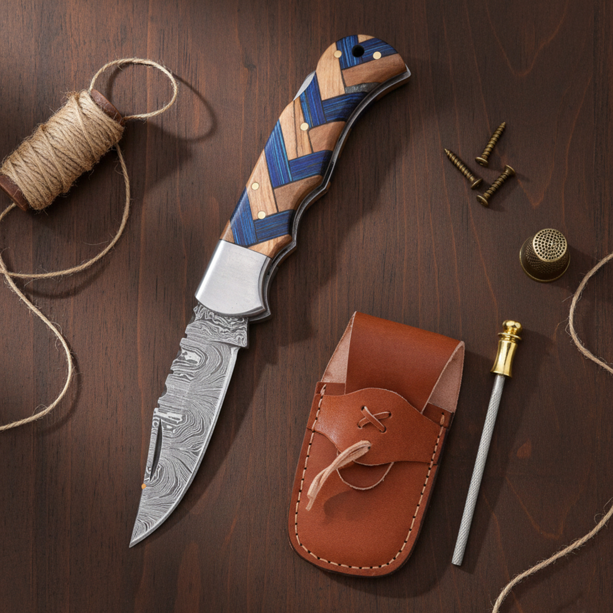 6.5' Handmade Damascus Steel Artistic Handle Pocket Knife with Leather Sheath | VP-001-BL
