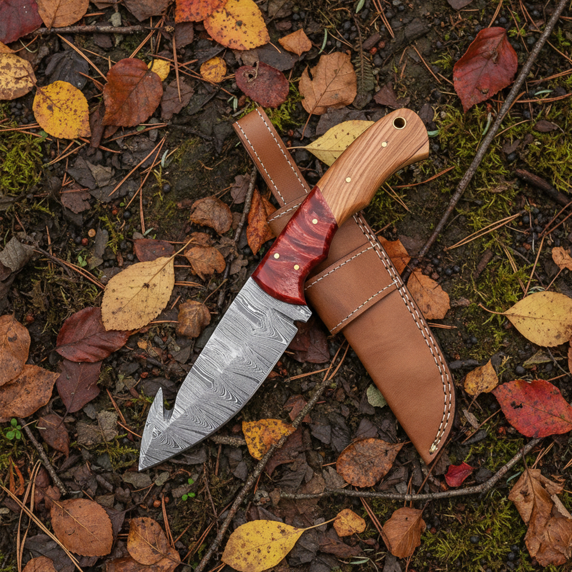 9' Handmade Damascus Steel Bone Handle Knife with Leather Sheath | GUT-002-RD