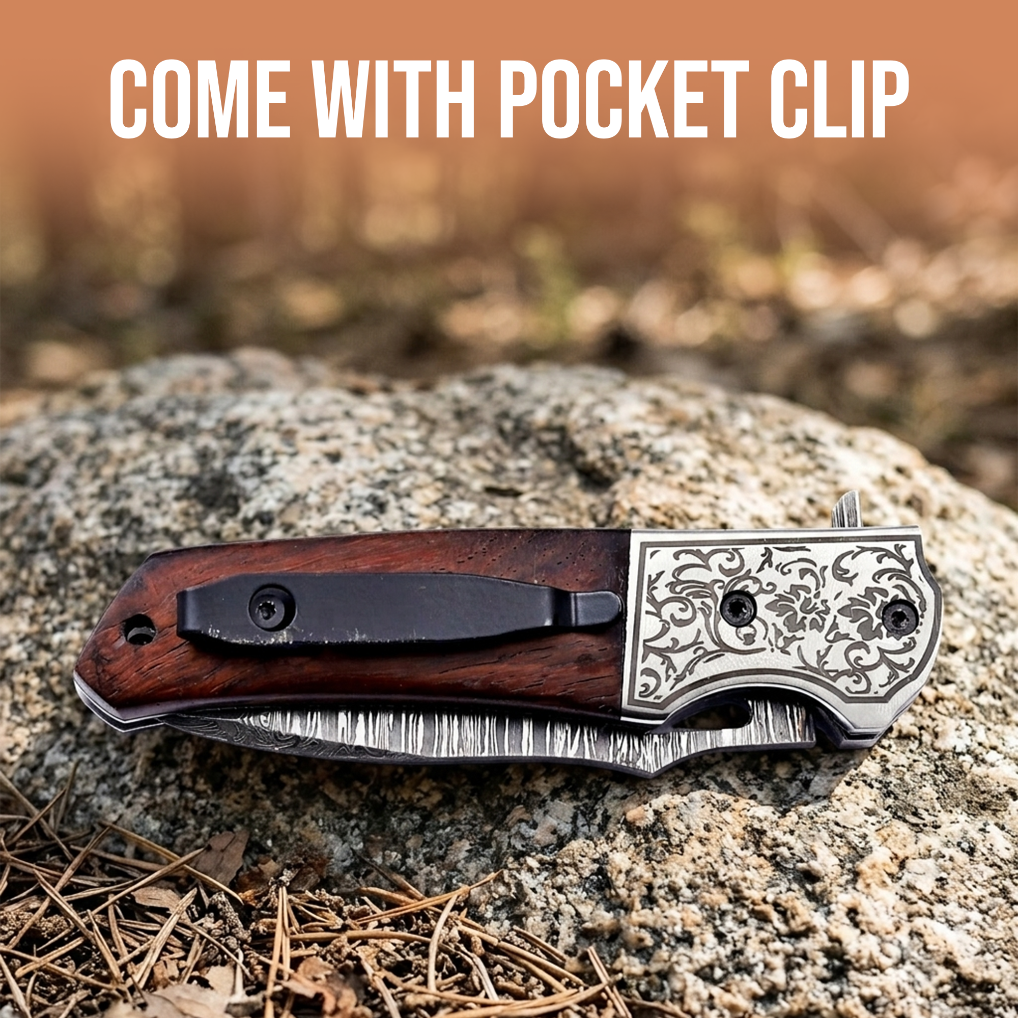 7.5' Handmade Damascus Steel Pocket Knife with Leather Sheath Walnut Wood Handle & Engraved Steel Bolster | FL-001-WD - Image 4