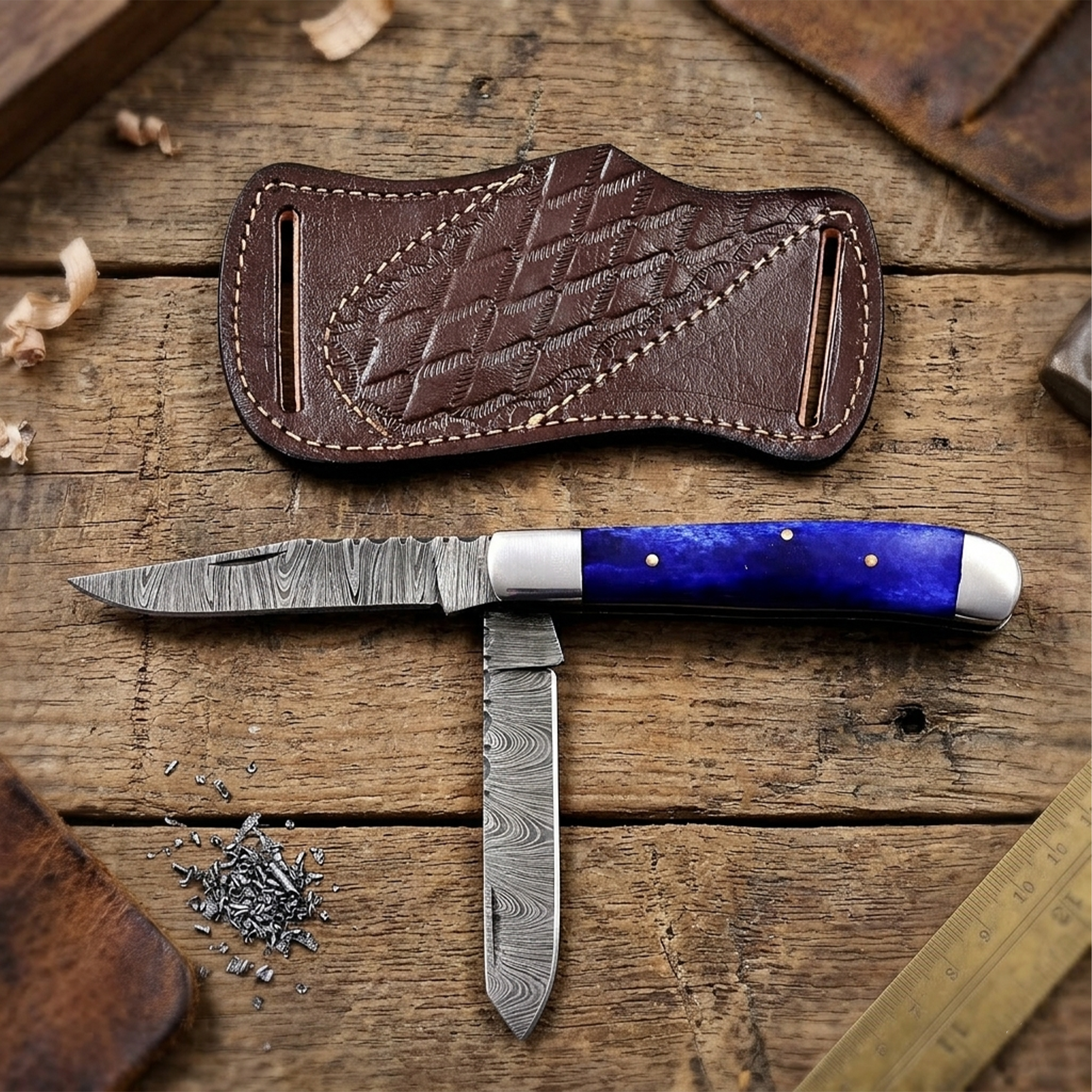 7.5' Handmade Damascus Steel Mediterranean Blue Bone Handle Pocket Knife with Leather Sheath | TRP-001-BL