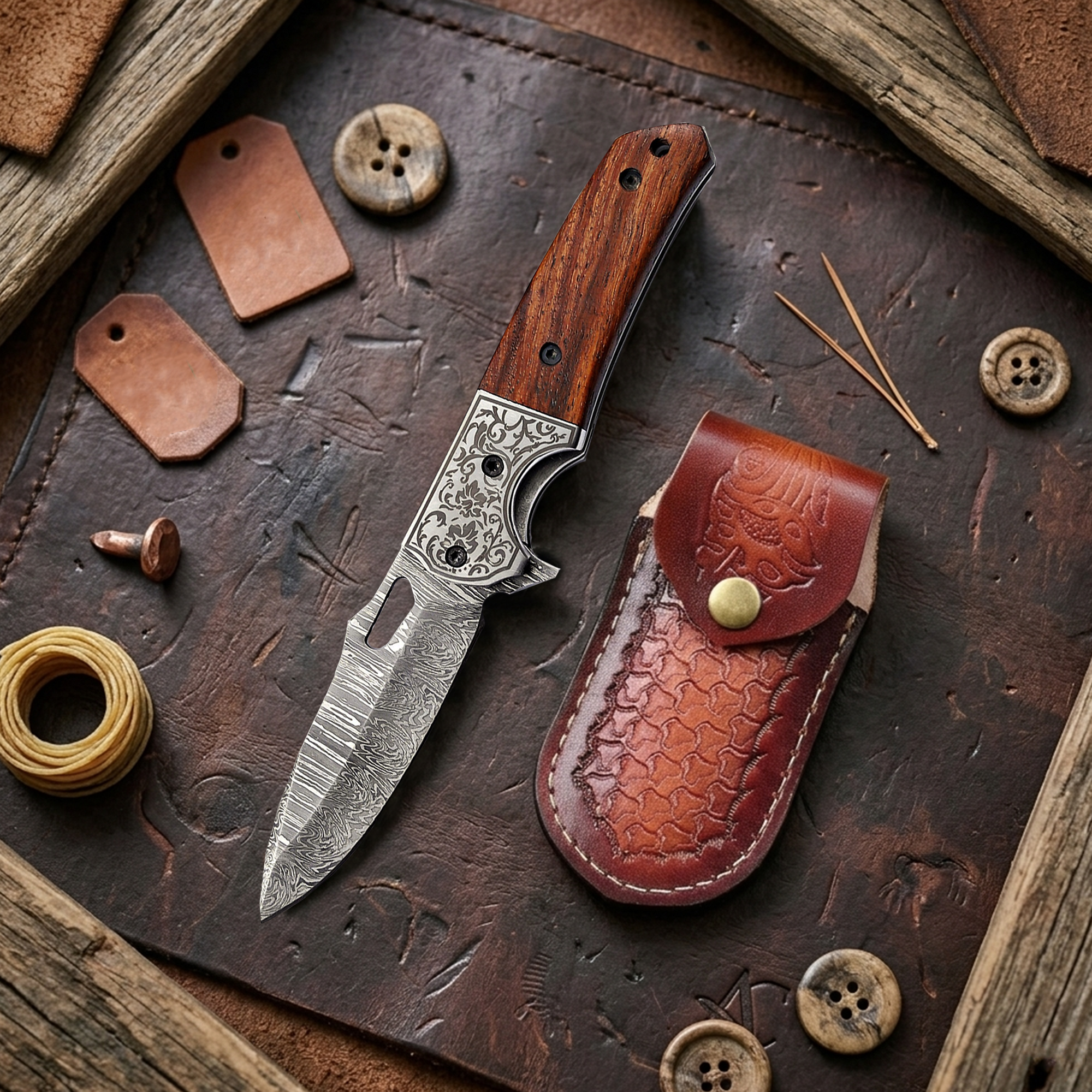 7.5' Handmade Damascus Steel Pocket Knife with Leather Sheath Walnut Wood Handle & Engraved Steel Bolster | FL-001-WD