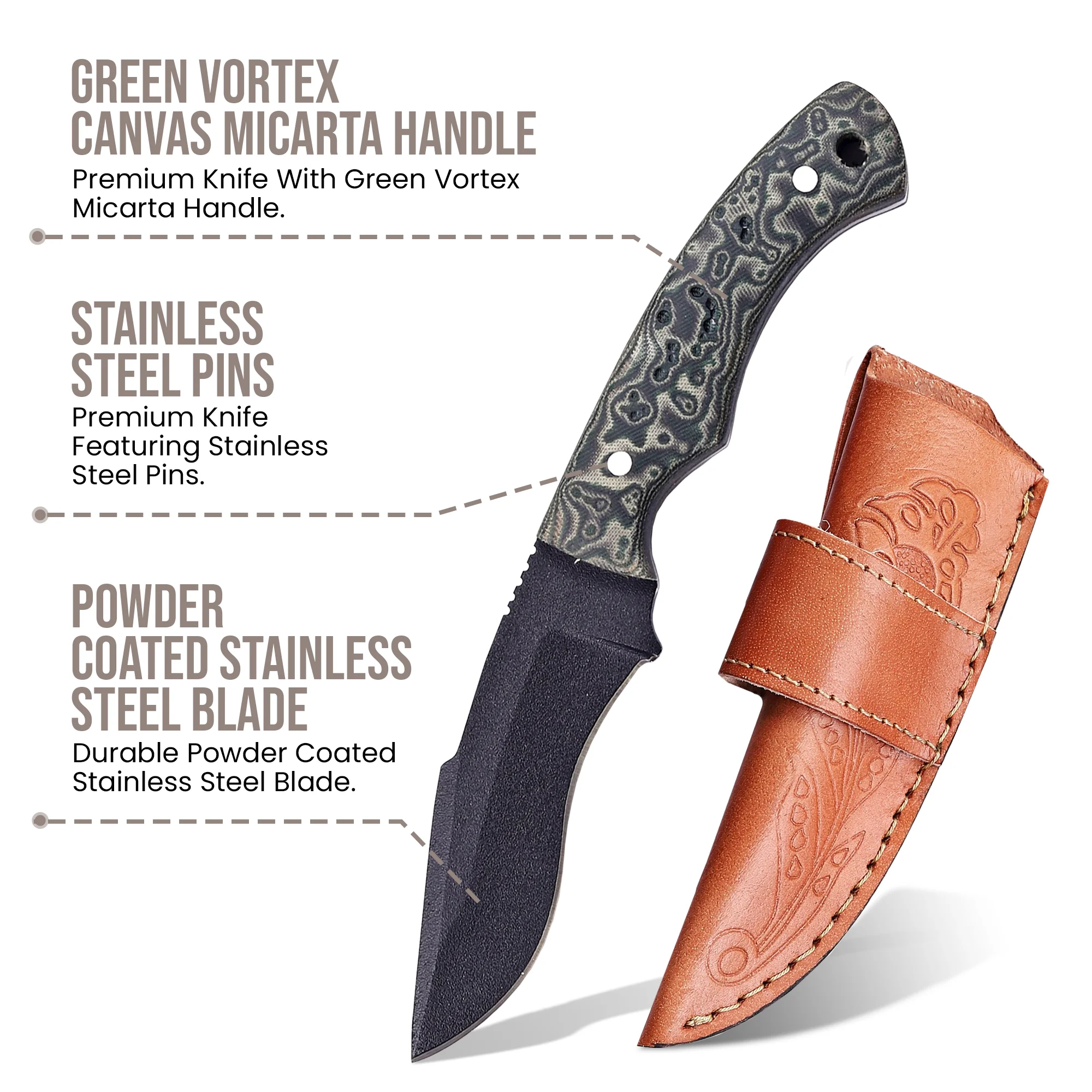 6.5' Handmade Black Coated Stainless Steel Green Vortex Canvas Micarta Handle Knife with Leather Sheath | CK-001-GN - Image 2