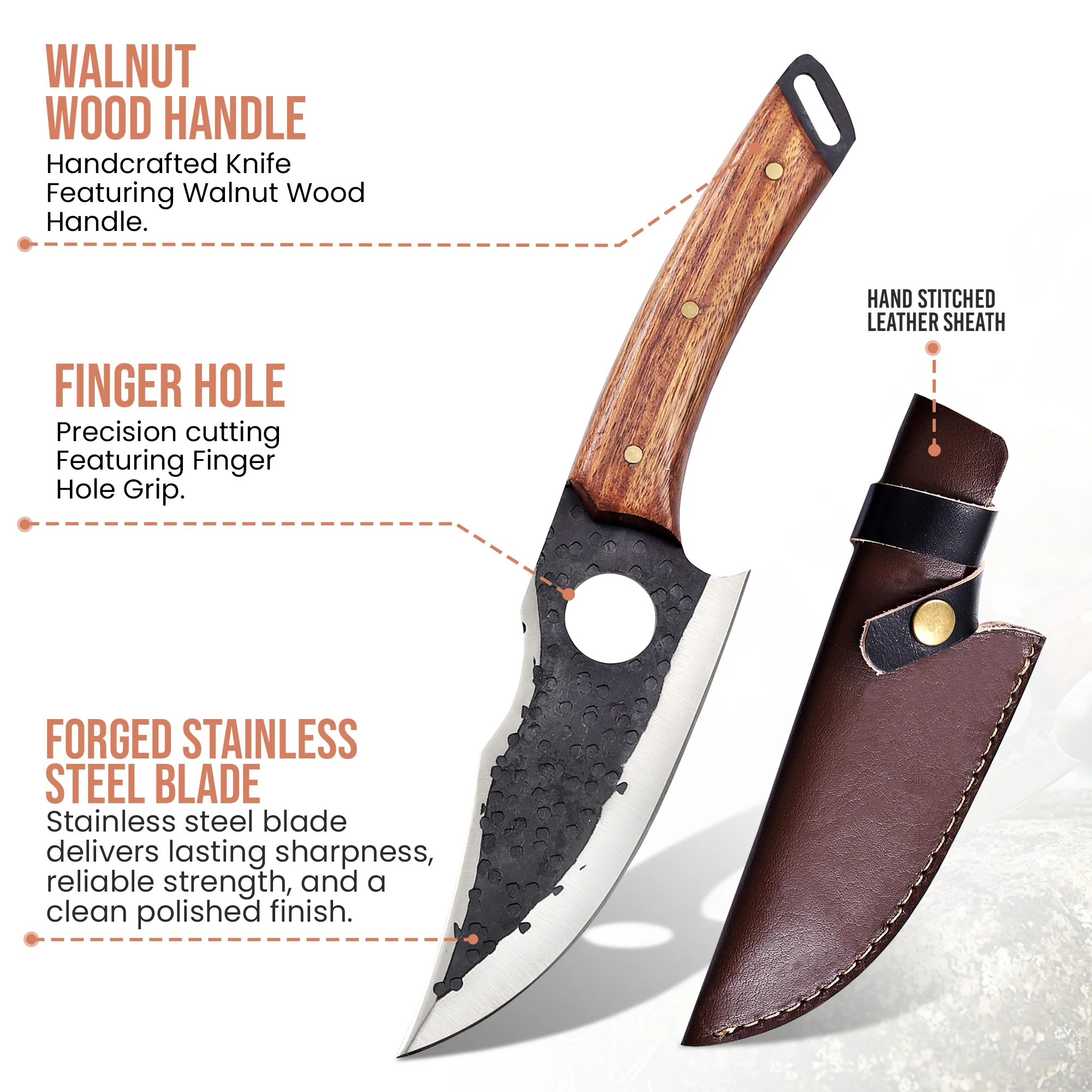 10.8' Hand Forged Stainless Steel Walnut Wood Handle Kitchen Knife with Leather Sheath | CH-002 - Image 2