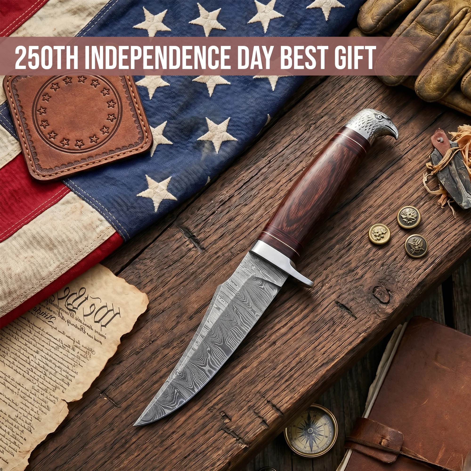 10'Handmade Damascus Steel Patriotic Eagle Walnut Wood Handle Knife with Leather Sheath | BW-001-EG - Image 7