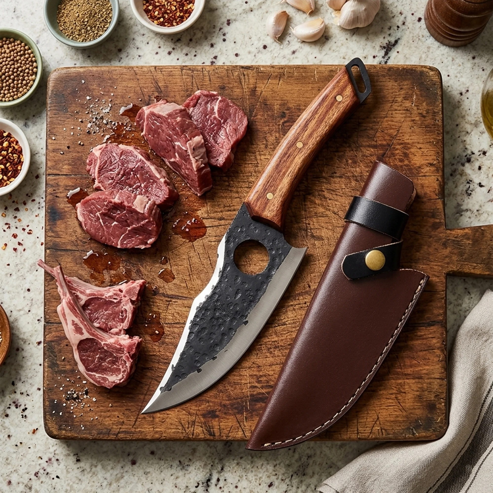 10.8' Hand Forged Stainless Steel Walnut Wood Handle Kitchen Knife with Leather Sheath | CH-002