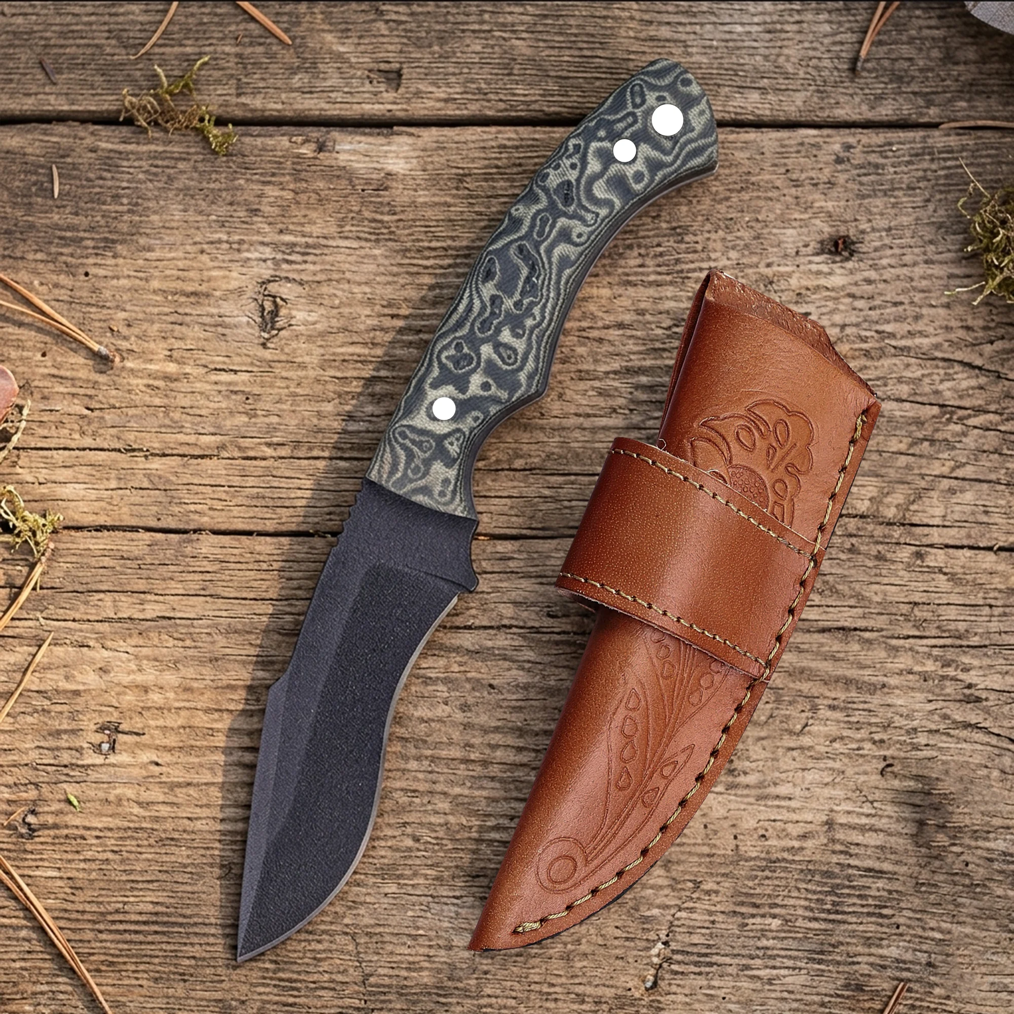 6.5' Handmade Black Coated Stainless Steel Green Vortex Canvas Micarta Handle Knife with Leather Sheath | CK-001-GN