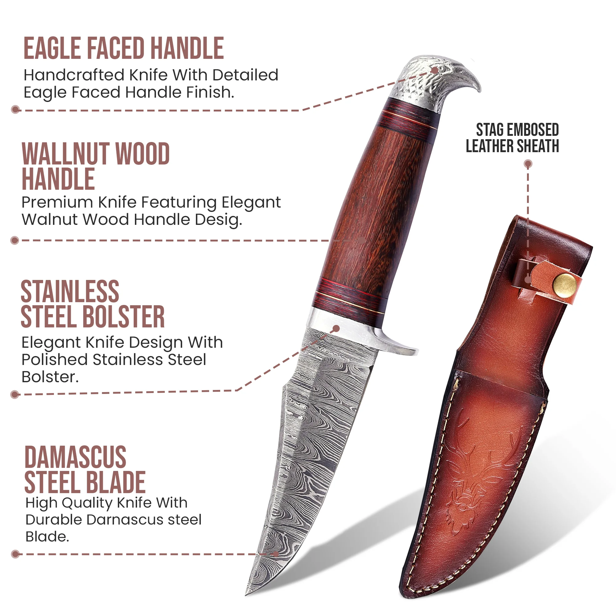 10'Handmade Damascus Steel Patriotic Eagle Walnut Wood Handle Knife with Leather Sheath | BW-001-EG - Image 2