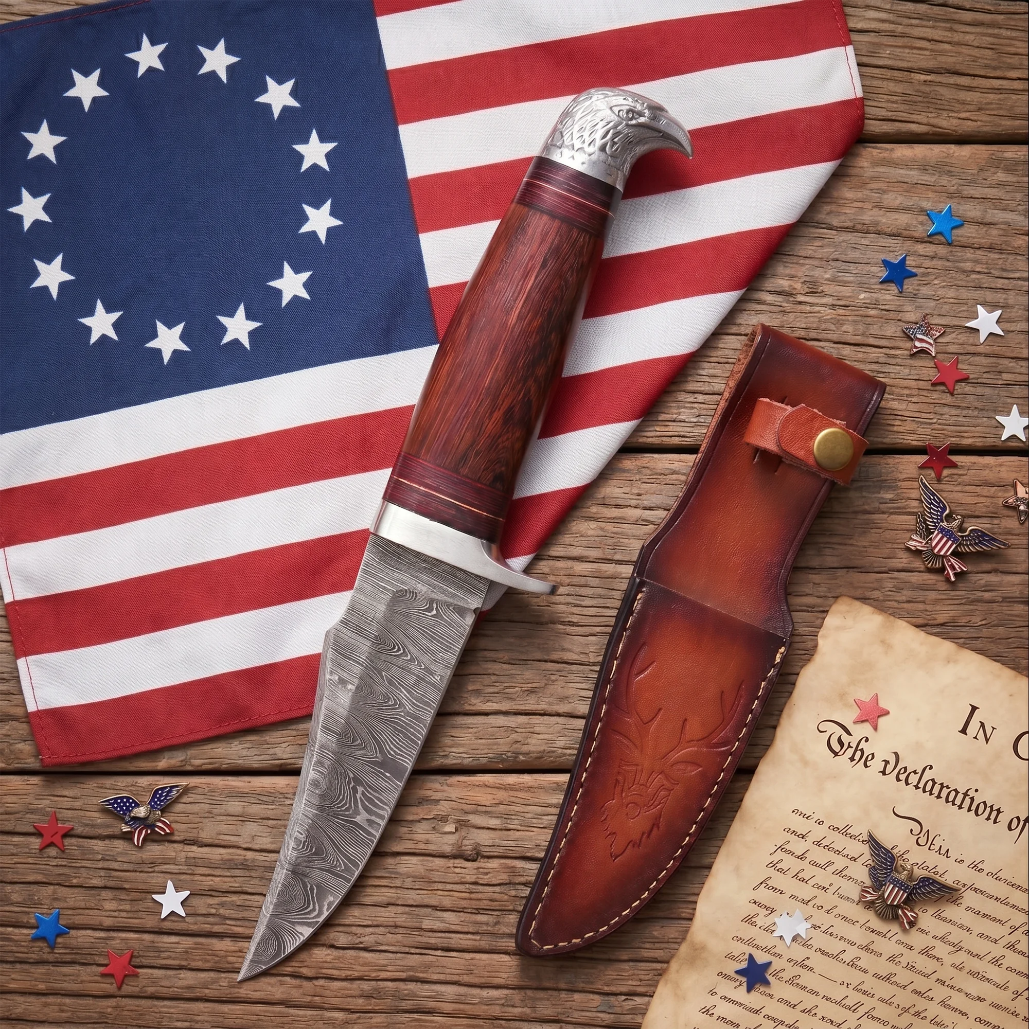 10'Handmade Damascus Steel Patriotic Eagle Walnut Wood Handle Knife with Leather Sheath | BW-001-EG